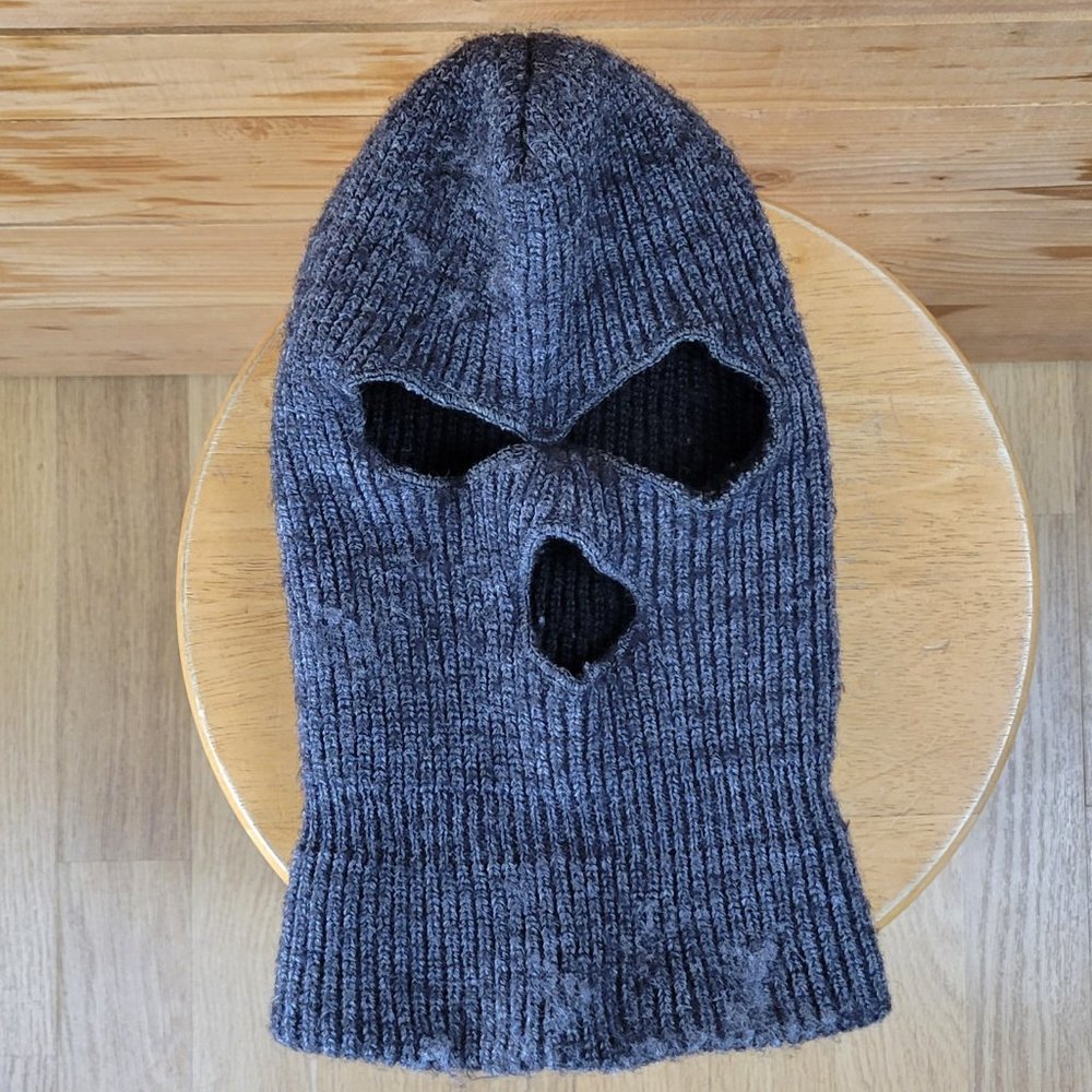 Vintage 70s Dark Grey Wool Blend 3-Hole Ski Mask- Made in USA